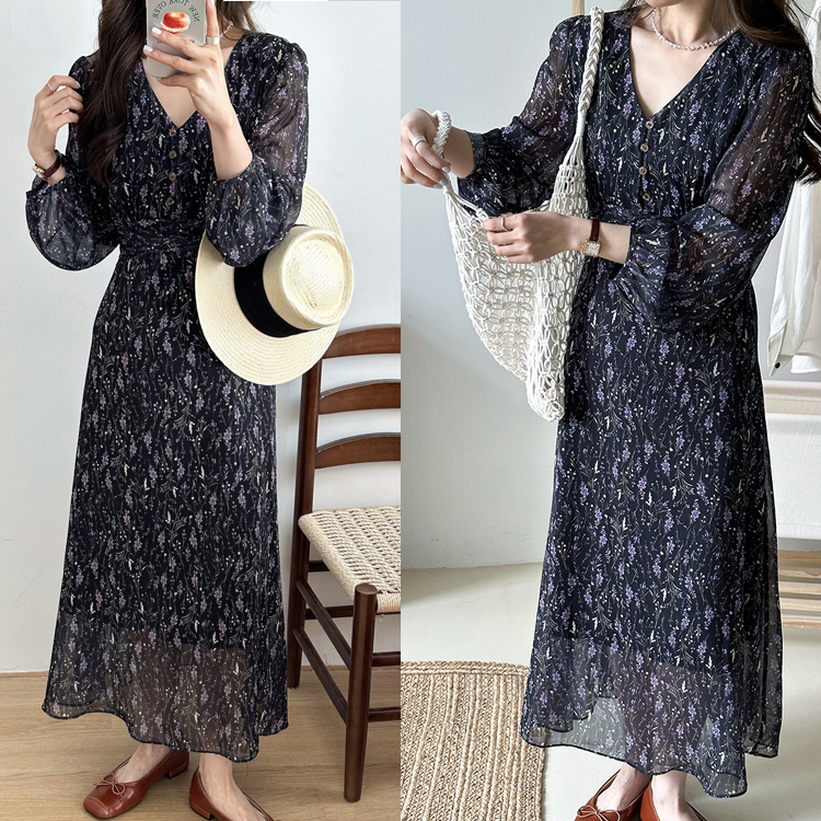 V領收腰碎花清新初戀裙