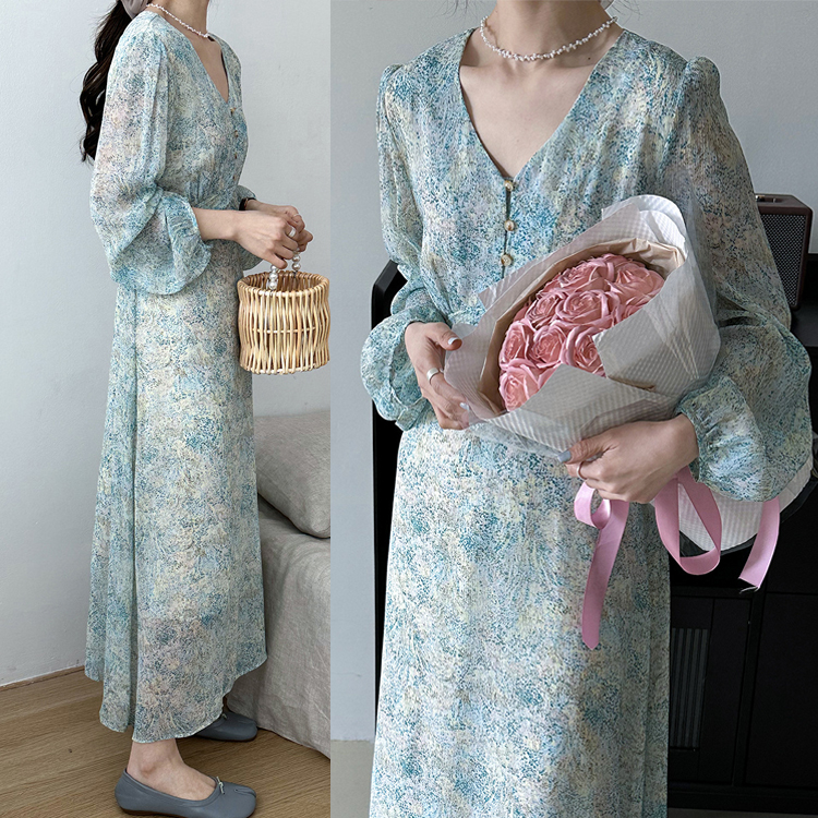 V領收腰碎花清新初戀裙