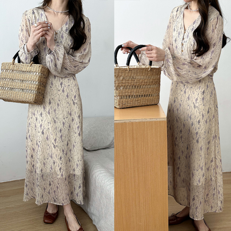 V領收腰碎花清新初戀裙