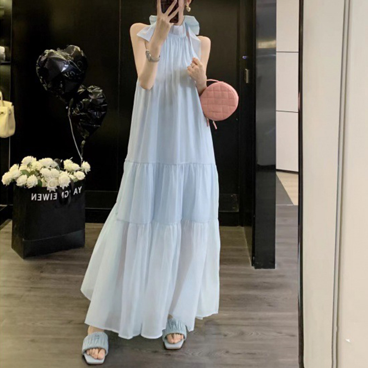 夏季藍色蝴蝶結掛脖海邊連衣裙