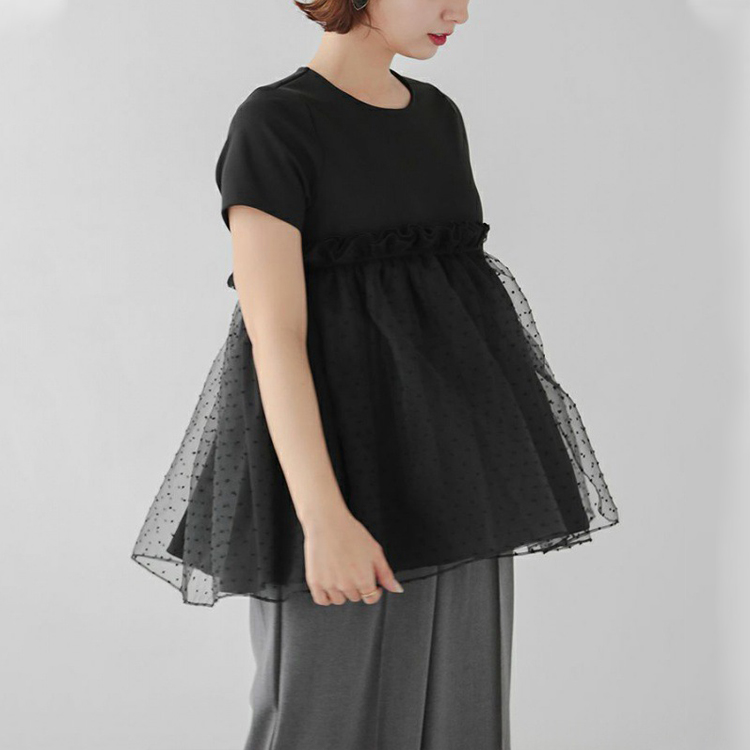 夏季波點拼接蓬蓬T恤