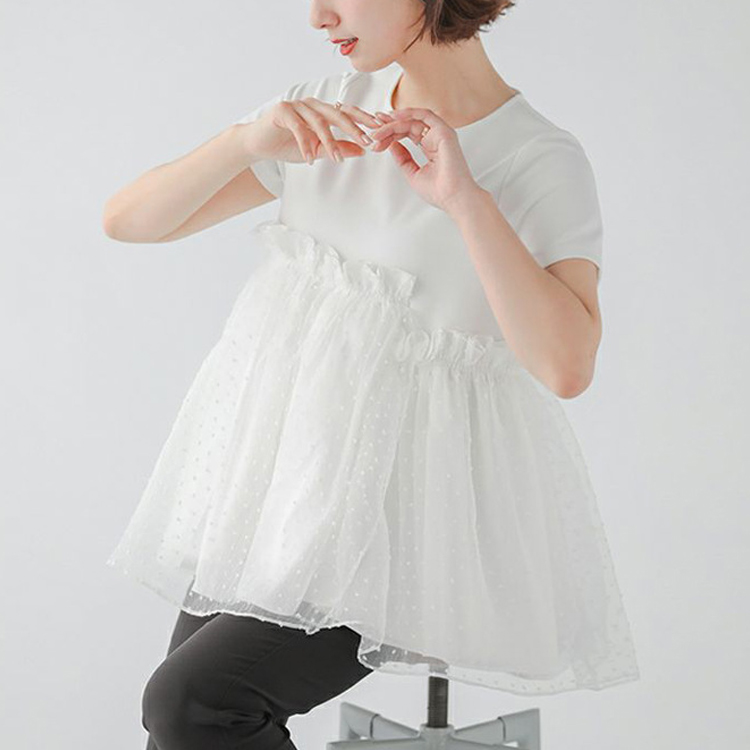 夏季波點拼接蓬蓬T恤