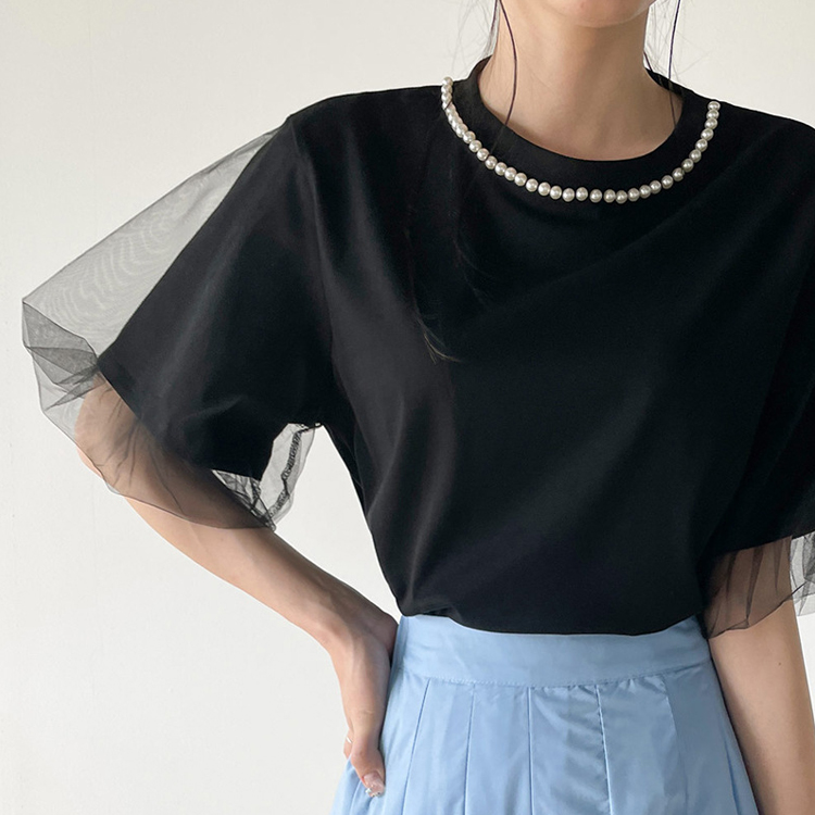 夏季珍珠裝飾網紗拼接燈籠袖T恤