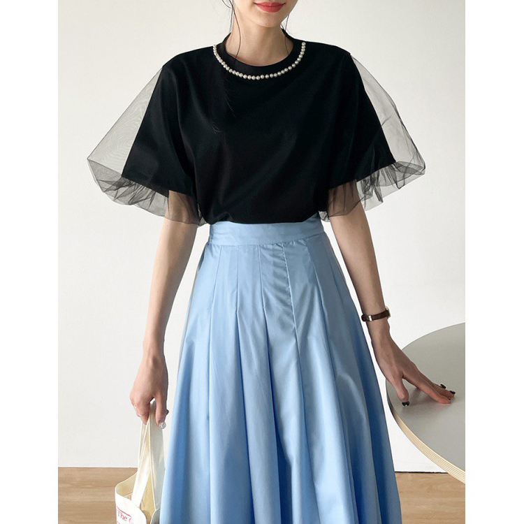 夏季珍珠裝飾網紗拼接燈籠袖T恤