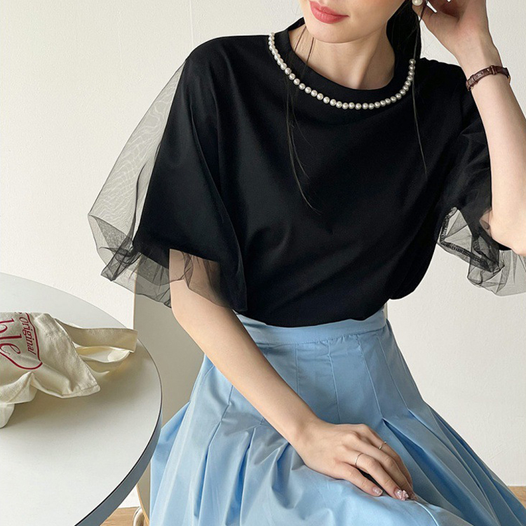 夏季珍珠裝飾網紗拼接燈籠袖T恤