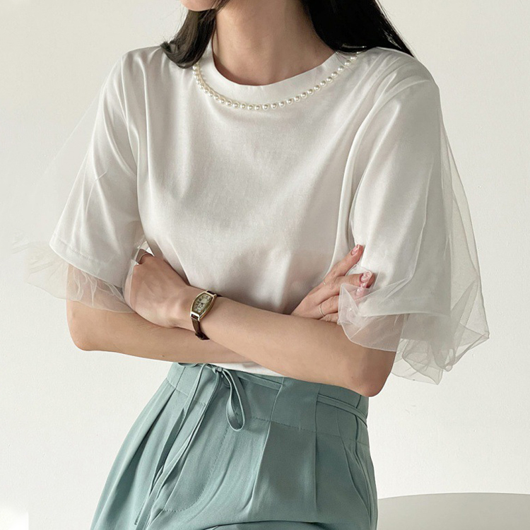 夏季珍珠裝飾網紗拼接燈籠袖T恤