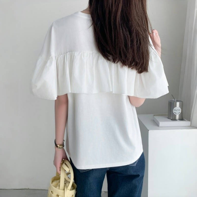 夏季不規則荷葉邊拼接T恤