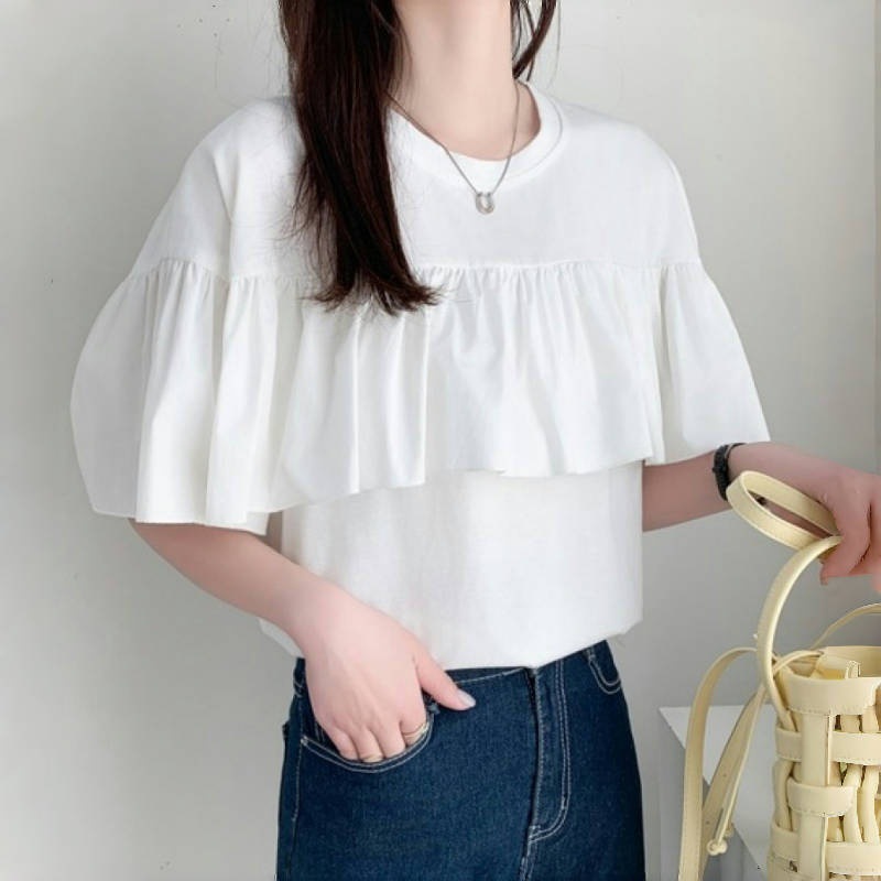 夏季不規則荷葉邊拼接T恤