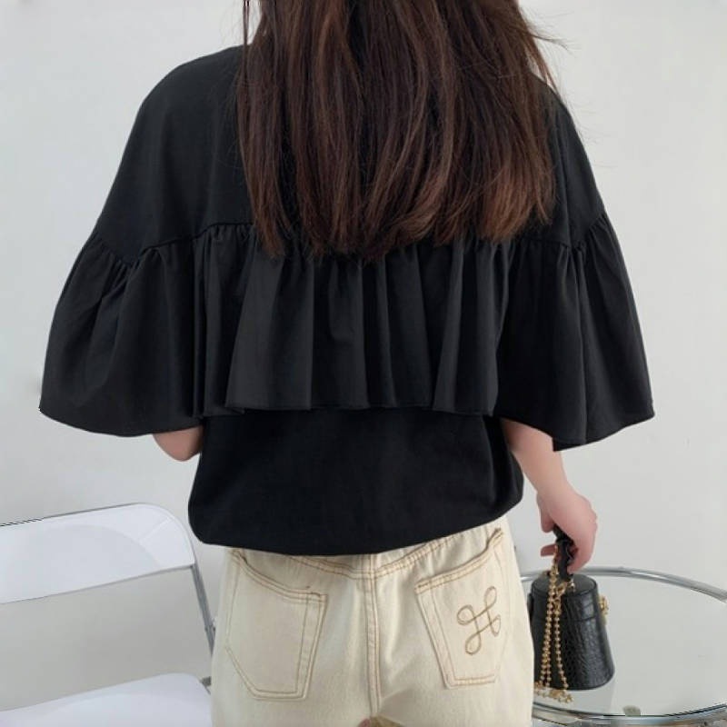 夏季不規則荷葉邊拼接T恤