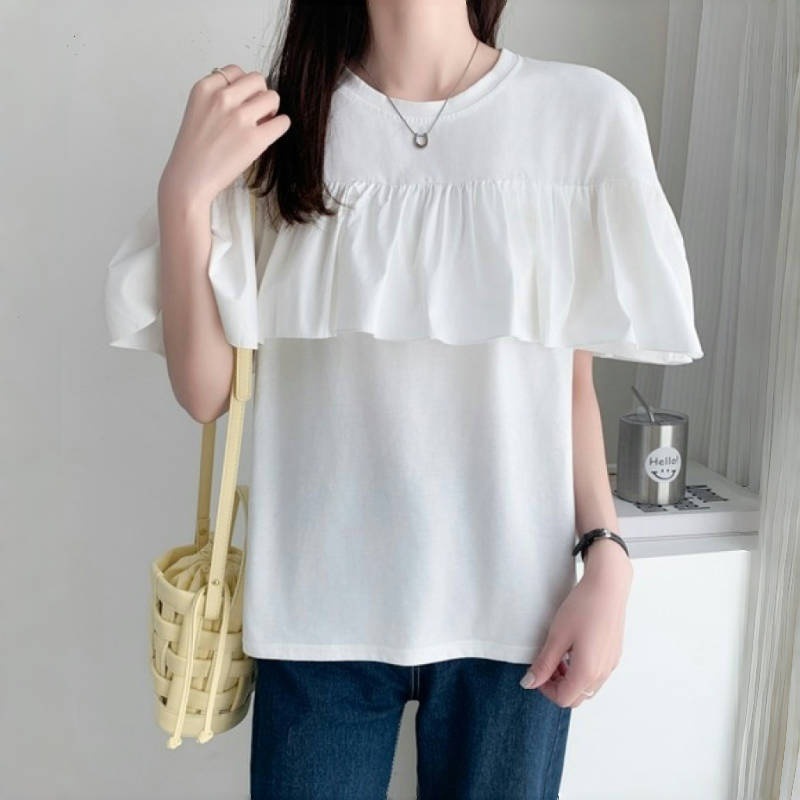 夏季不規則荷葉邊拼接T恤