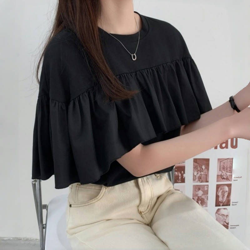 夏季不規則荷葉邊拼接T恤