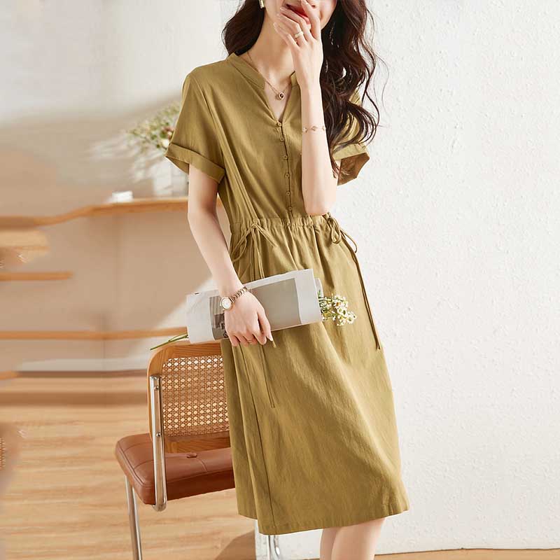 休閒收腰抽繩立領翻邊袖吸汗透氣洋裝