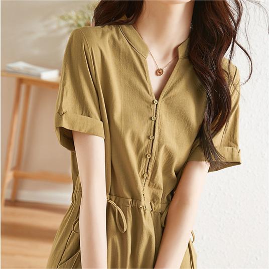 休閒收腰抽繩立領翻邊袖吸汗透氣洋裝