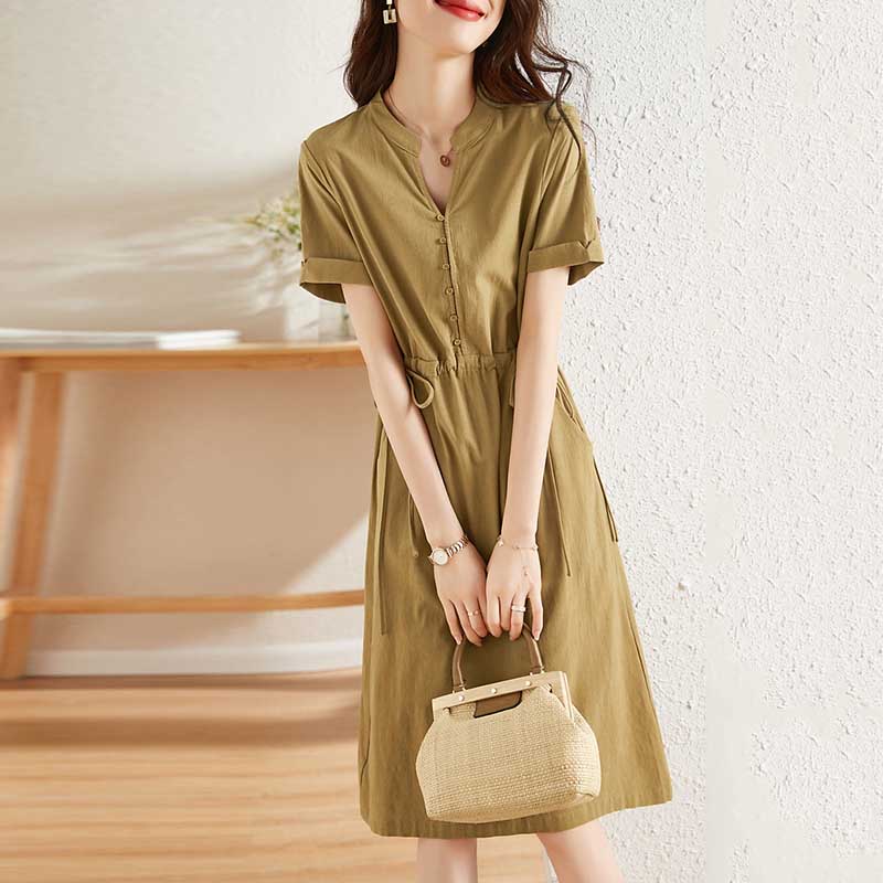 休閒收腰抽繩立領翻邊袖吸汗透氣洋裝