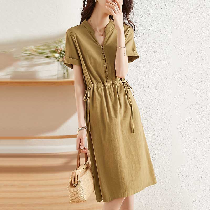 休閒收腰抽繩立領翻邊袖吸汗透氣洋裝