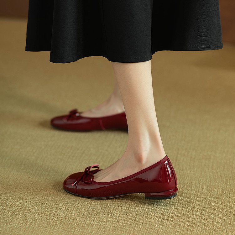 法式復古蝴蝶結漆皮平底豆豆鞋瑪麗珍鞋