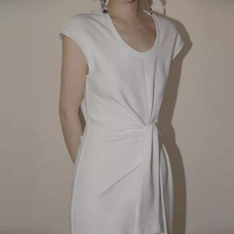 春夏U領扭結開叉氣質連衣裙