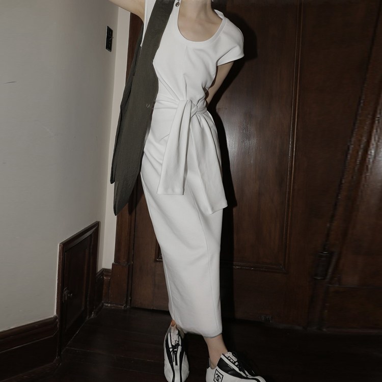 春夏U領扭結開叉氣質連衣裙