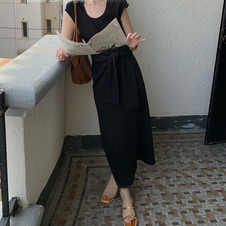 春夏U領扭結開叉氣質連衣裙