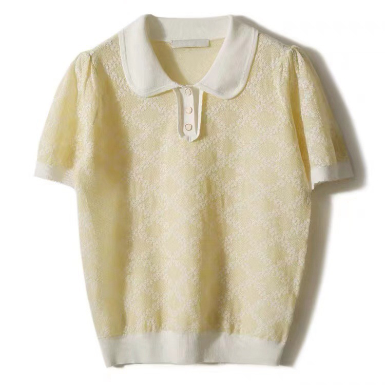 夏季奶油黃娃娃領T恤+鬆緊半裙套裝