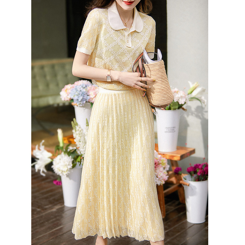 夏季奶油黃娃娃領T恤+鬆緊半裙套裝