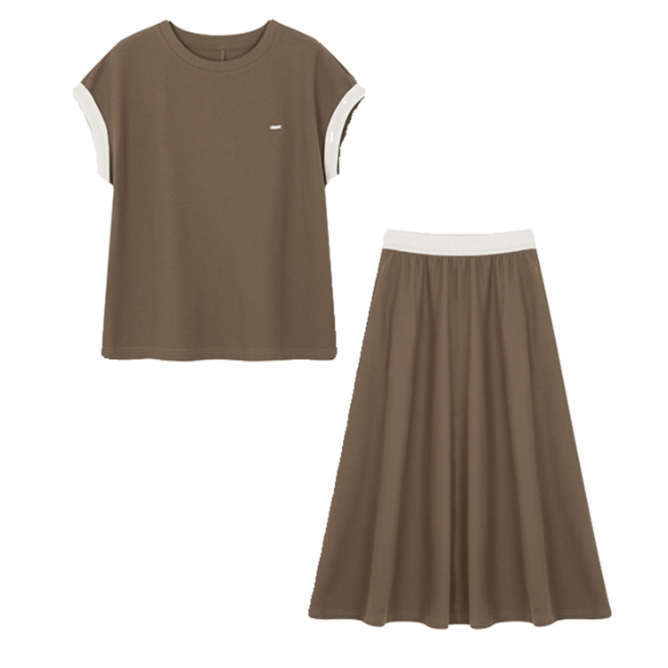 撞色後背開叉T恤+百褶半裙套裝