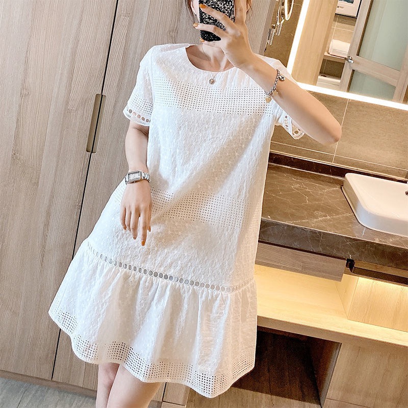 夏季純棉寬鬆蕾絲鏤空魚尾裙