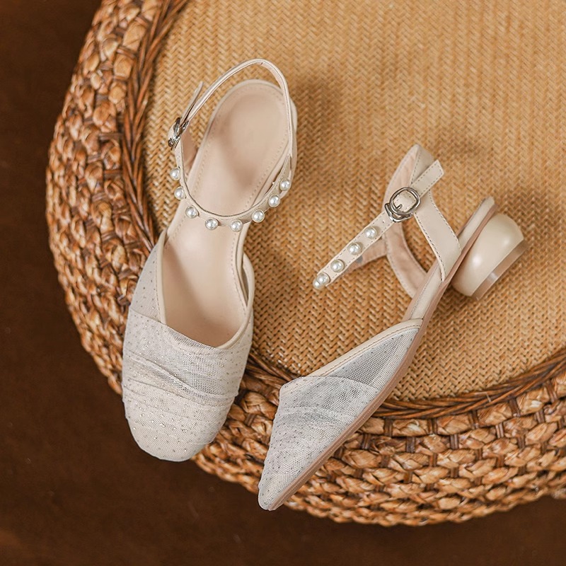 夏季粗跟珍珠網紗包頭涼鞋