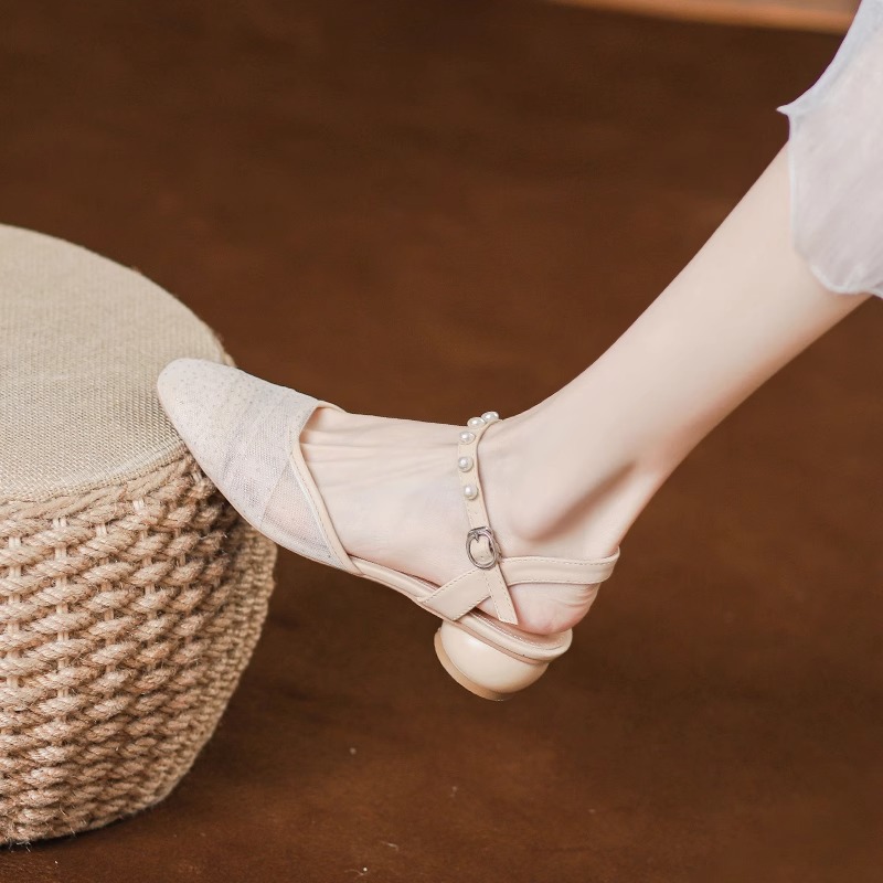 夏季粗跟珍珠網紗包頭涼鞋