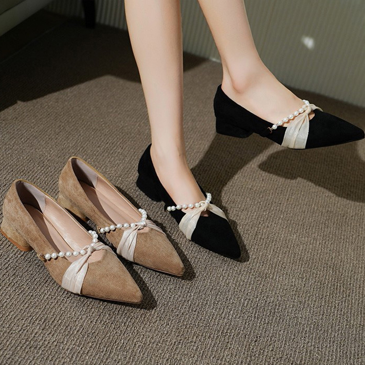 夏季溫柔珍珠尖頭磨砂單鞋