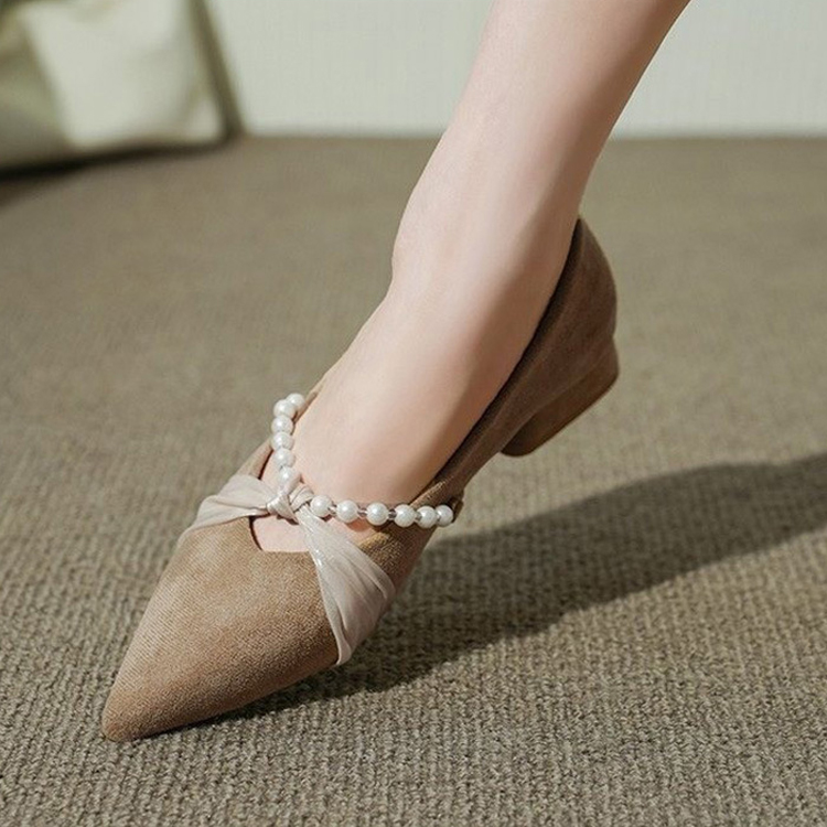 夏季溫柔珍珠尖頭磨砂單鞋