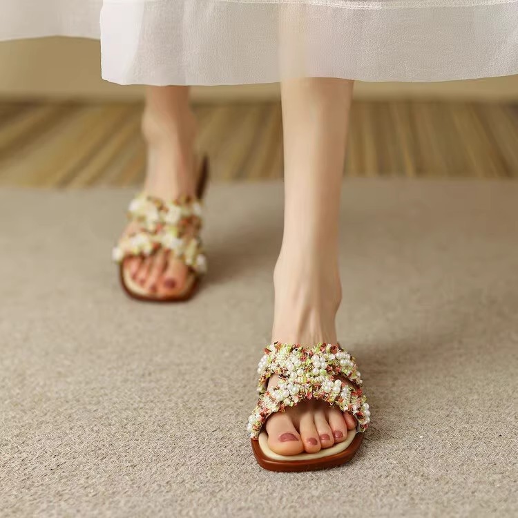 夏小香風珍珠復古拖鞋