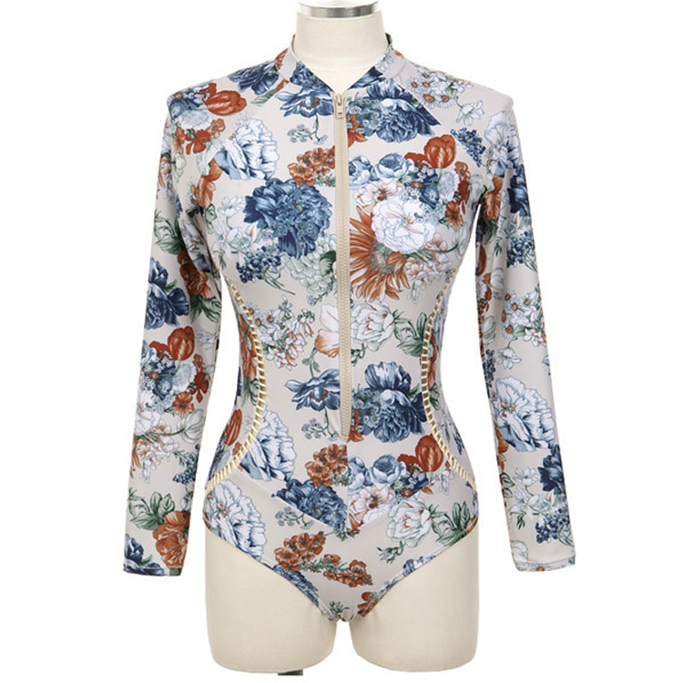 韓系修身顯瘦拉鏈碎花連體泳衣