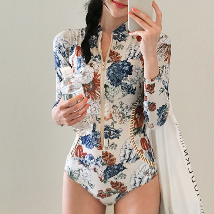韓系修身顯瘦拉鏈碎花連體泳衣