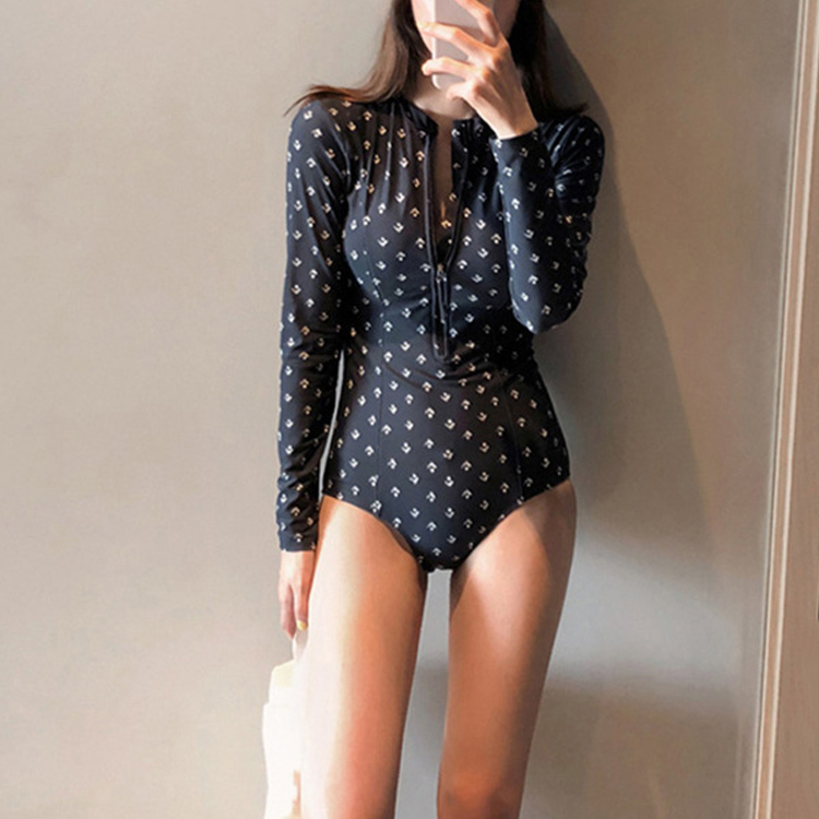 韓係性感圓點長袖拉鏈連體泳衣