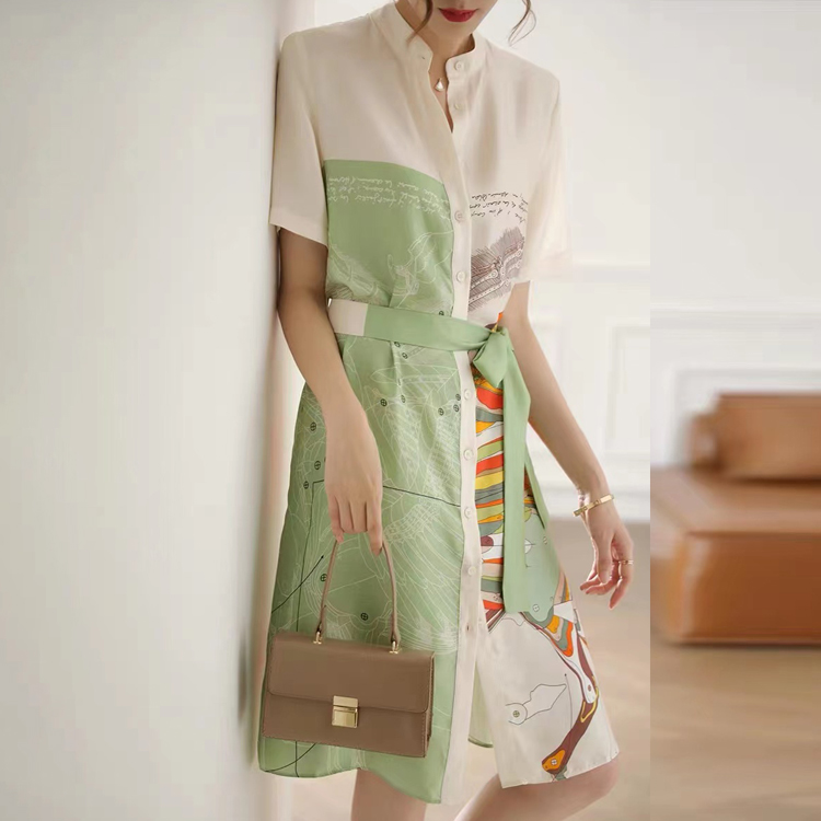 夏立領印花桑蠶絲氣質連衣裙