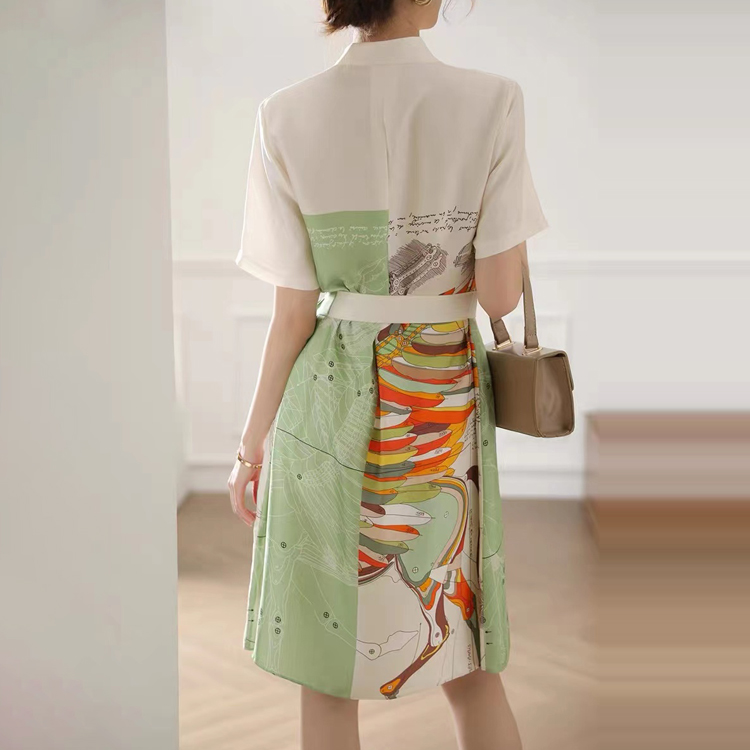 夏立領印花桑蠶絲氣質連衣裙