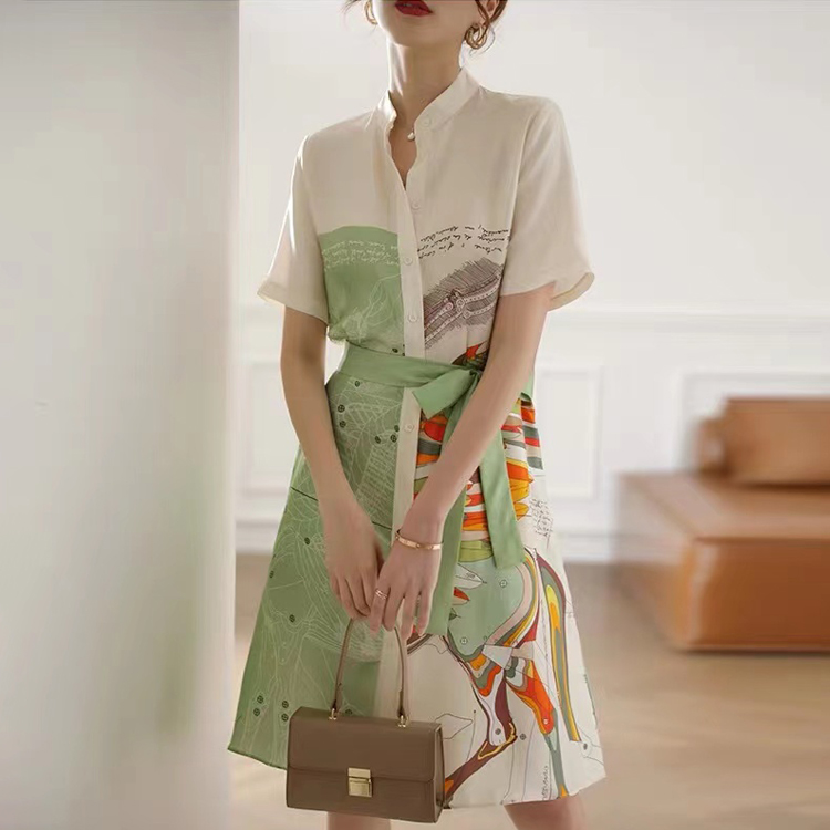 夏立領印花桑蠶絲氣質連衣裙