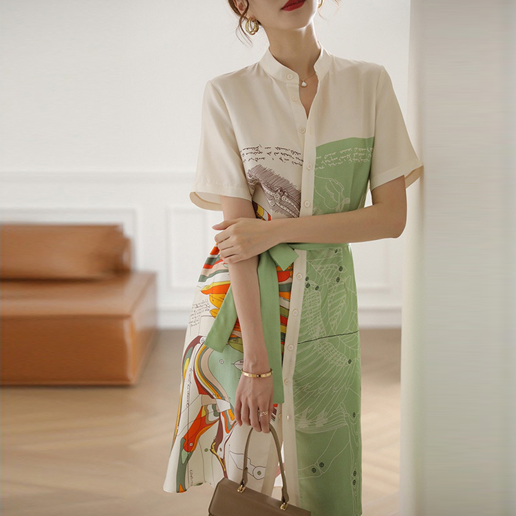 夏立領印花桑蠶絲氣質連衣裙