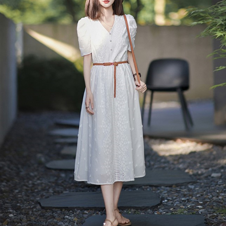 夏季韓系優雅蕾絲收腰連衣裙