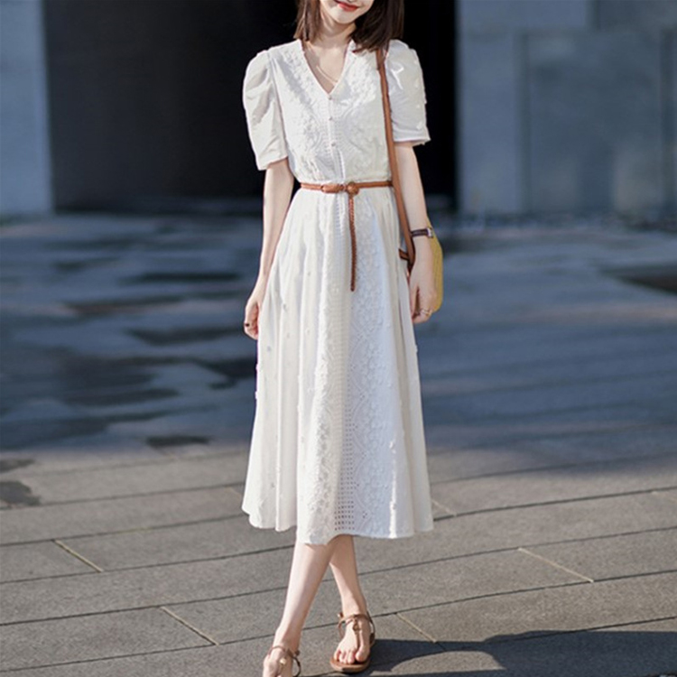 夏季韓系優雅蕾絲收腰連衣裙