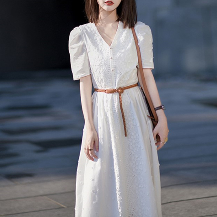 夏季韓系優雅蕾絲收腰連衣裙