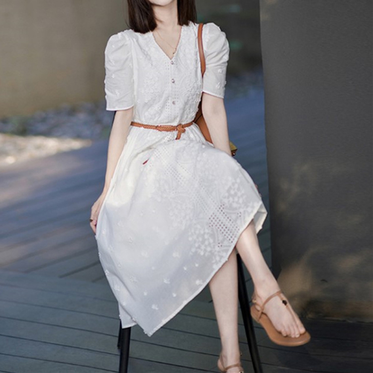 夏季韓系優雅蕾絲收腰連衣裙