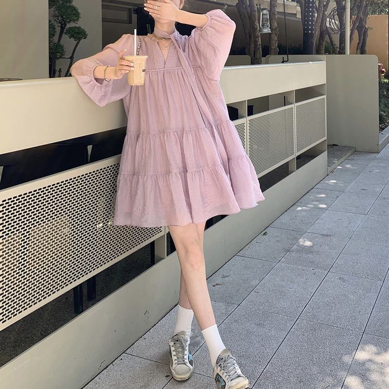 夏季泡泡袖寬鬆奶甜連衣裙
