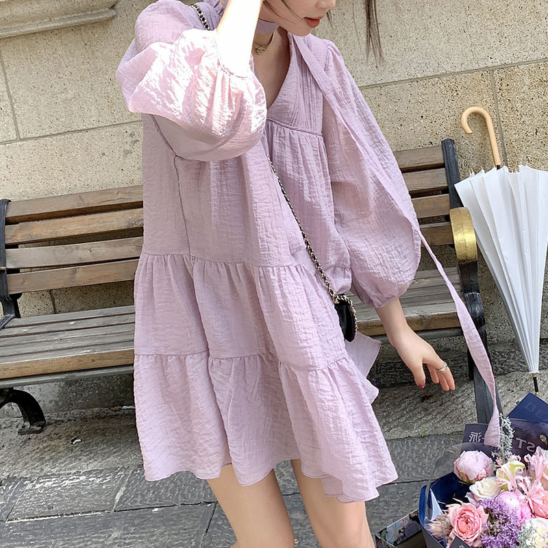 夏季泡泡袖寬鬆奶甜連衣裙