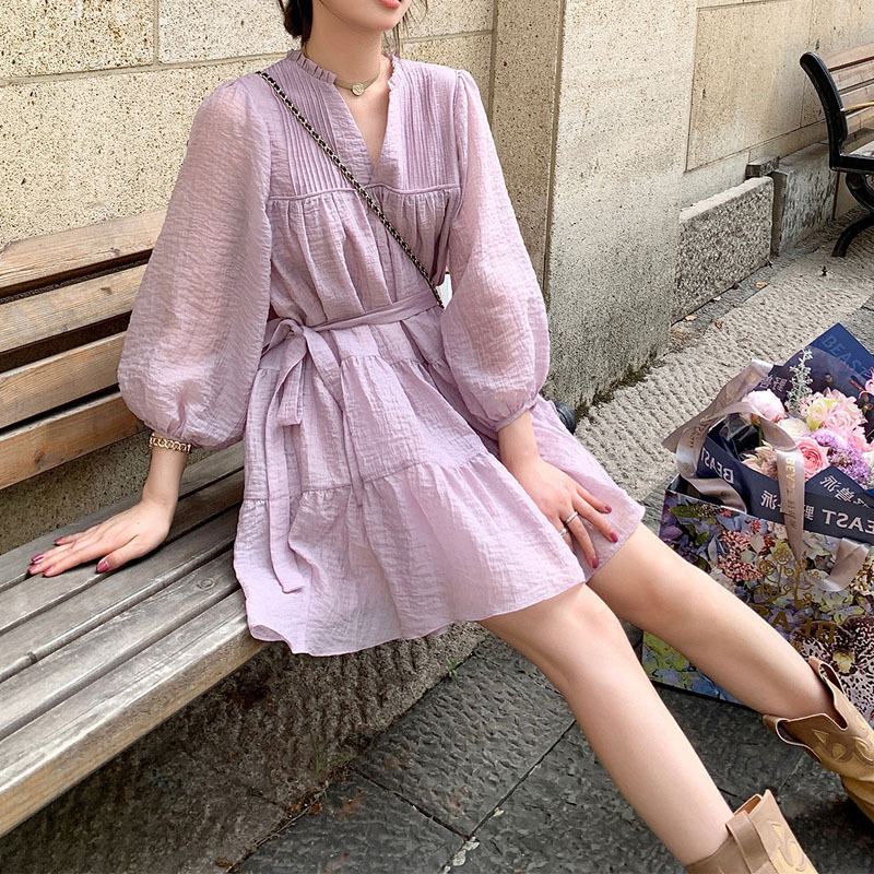 夏季泡泡袖寬鬆奶甜連衣裙