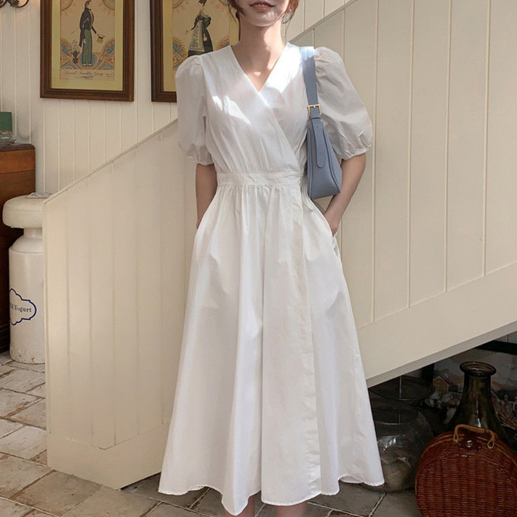 夏季泡泡袖V領收腰連衣裙