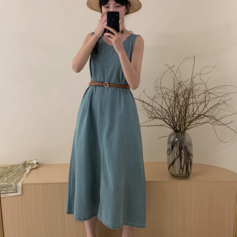 夏季U領牛仔背心連衣裙（贈腰帶）
