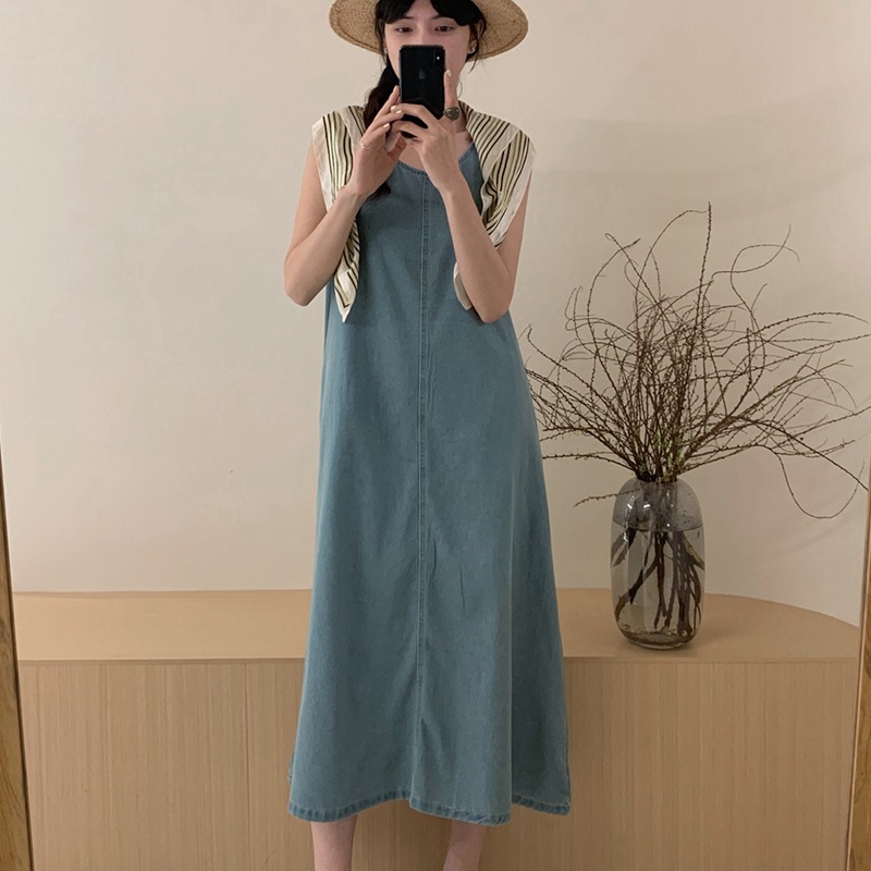 夏季U領牛仔背心連衣裙（贈腰帶）