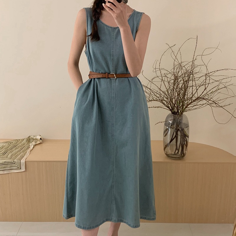夏季U領牛仔背心連衣裙（贈腰帶）